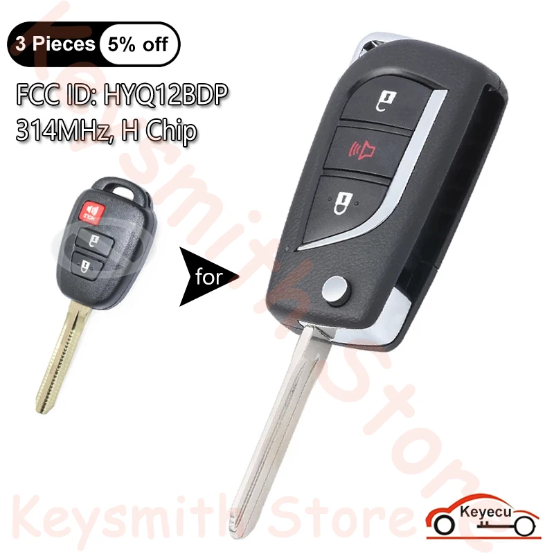 

KEYECU 3 Buttons 314MHz H Chip for Toyota RAV4 Highlander Tacoma 2013-2021 Auto Upgraded Flip Remote Control Key Fob HYQ12BDP