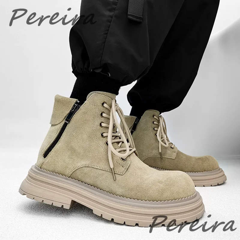 Retro Men's Short Boots Faux Nubuck Leather Thick Soled Desert Boots Fashion Brown Khaki Round Toe Side Zipper Outdoor Shoes