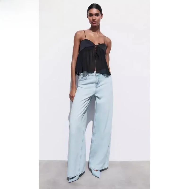 

New 2024 Women's oulder-baring Design Knot Strap Vest Semi-transparent ort Top Faionable Summer Svel