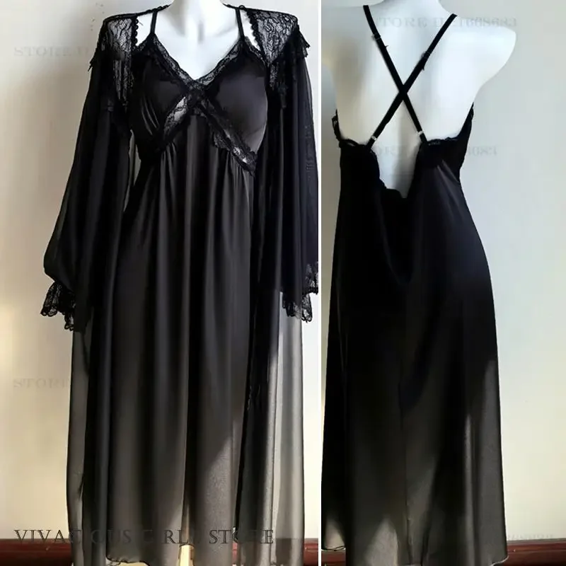 Female Black Long Twinset Robe Set Night Dress Spring Summer Perspective Mesh Bathrobe Kimono Nightgown Sexy Plus Size Homewear