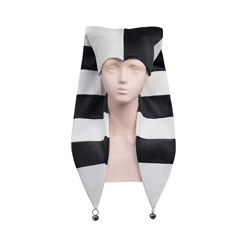 Nuevo Sombrero de Cosplay de Bufón Blanco y Negro para Adulto, Gorro de Felpa de Arlequín Vintage Histórico con Rayas y Campanas