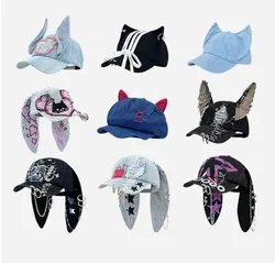 Original Gothic Women Mailard Denim Octagonal Cap Letters Wastland Punk Painter's Hat Cute Ears Cap