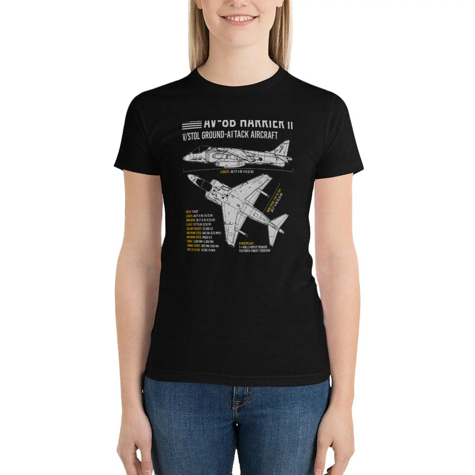 

Av-8B harrier ii US Aircraft Plane USAF Airplane Blueprint T-Shirt hippie clothes summer tops cropped t shirts for Women