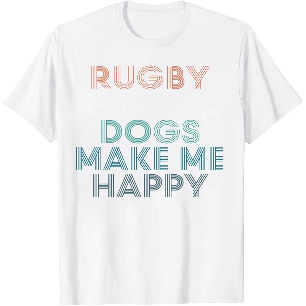 Rugby Dogs Make Me Happy Retro Line Text Graphic Men Summer T Shirt Rugby And Dog Lover Simple Vintage Short Sleeve Basic Tee