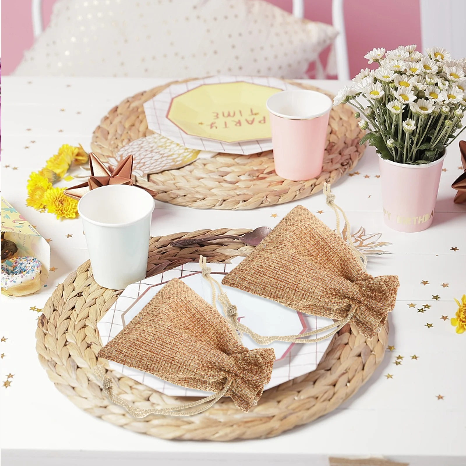 

50pcs Gift Bag Burlap Craft Bags 7cmx9cm Deep Jute Small Drawstring Pouch Reusable Linen Jewelry Bag Birthday Wedding Party DIY