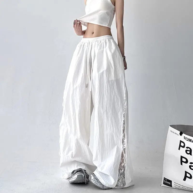 Women's Summer Thin Popular Wide-leg Pants High-waisted Loose Quick-drying Overalls Lace Splicing Hollowed-out Casual Sweatpants