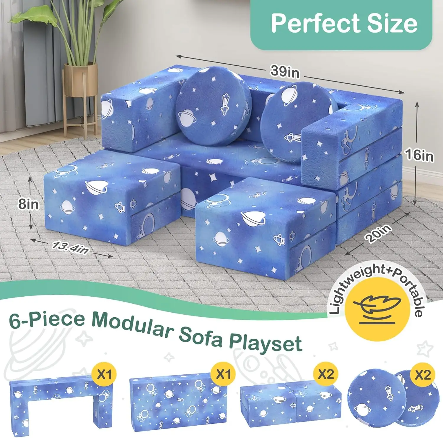 6PCS Modular Kids Play Couch with Blanket, Kids Sofa Couch with Glow Effects for Playroom & Indoor, Convertible Toddler Couch fo