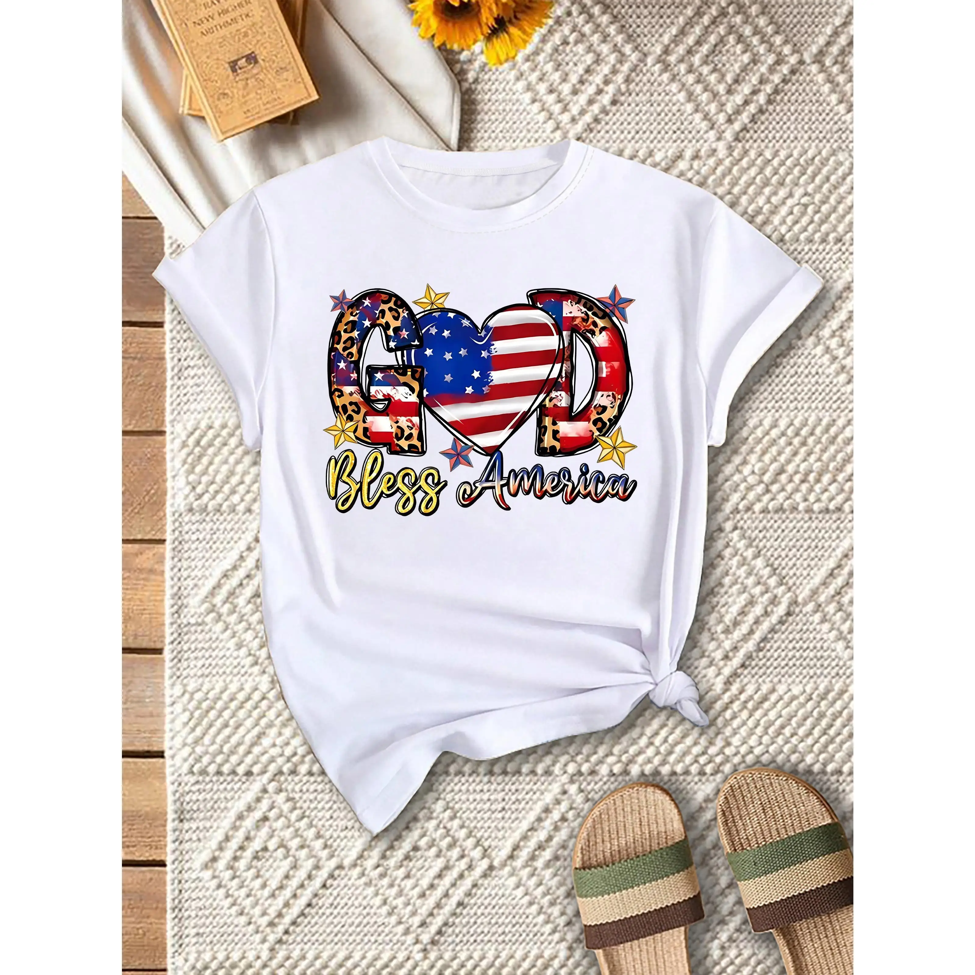 

Patriotic Plus Size Independence Day T-Shirt - "GOD Bless America" Print, Casual Short Sleeve Crew Neck Top for Women, Lightweig