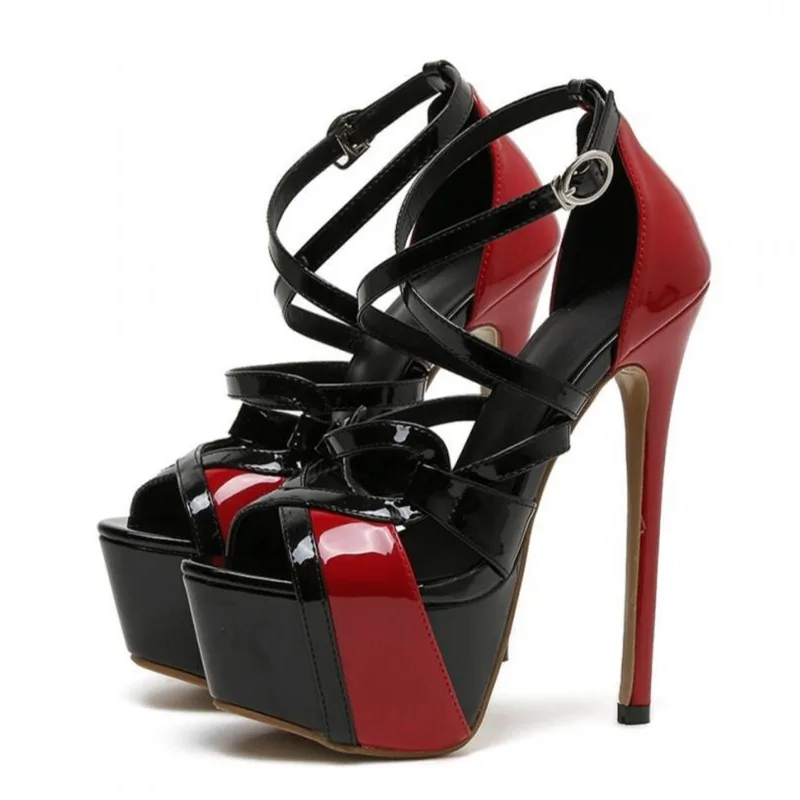 

Sexy Peep Toe 16CM Super High Heels Sandals Women Fashion Black and Red Patchwork Platform Sandals Wedding Banquet Stiletto Shoe