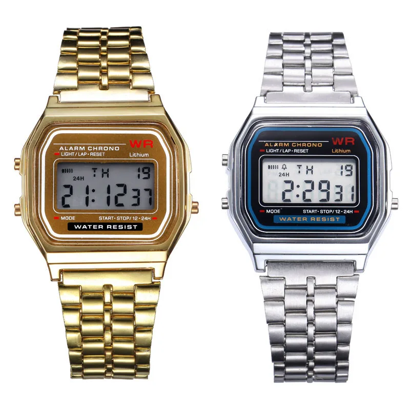 2PC Gold &  Stainless Steel Digital Alarm Stopwatch Wrist Watch Gift