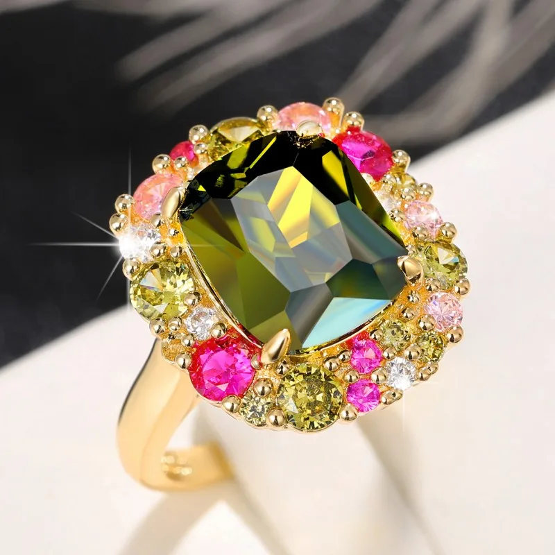 Huitan Newly Colorful Green Cubic Zirconia Rings for Women Special-interested Wedding Party Gorgeous Accessories Female Jewelry