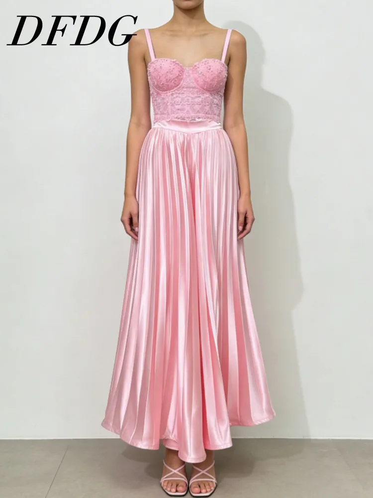 

DFDG Women's Spring Summer Spaghetti Strap Lace Top Pleated Satin Wide Leg Pants Set Formal 2026 Trendy Feminine Fashion Set
