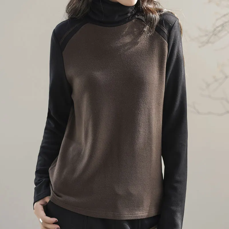 

New High Neck Undercoat Color Contrast Patchwork High Street Pure Cotton Turtleneck Loose Neutral T-Shirts Women Comfortable Top