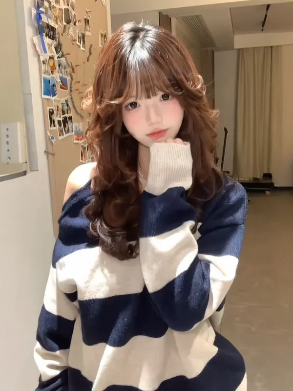 

Trendy Diagonal oulder Loose Sweater Women's Striped Color Blo Spring Faion Casual Comfortable Long Sve Top