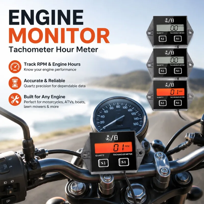 Motorcycle Tachometer Hour Meter RPM Counter Digital Engine Runtime Recorder Universal Fit ATV Jet Ski Lawn Mower Small