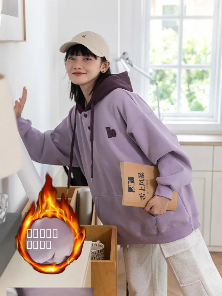 

Свободная толстовка с капюшоном на флисовой подкладке для женщин, универсальная верхняя одежда в студенческом стиле, большие размеры, осень-зима, новинка Jiaoeop