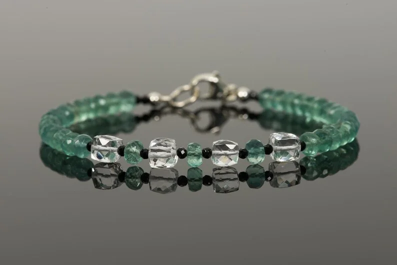 Green Fluorite White Quartz and Black Spinel Delicate Bracelet, Genuine Green Gemstone Sparkle Jewelry