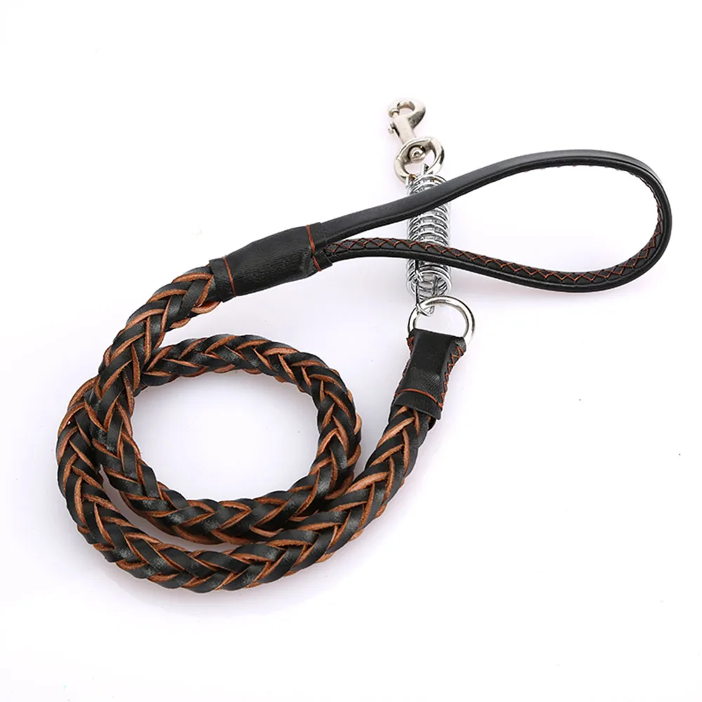 Leather Dog Leash for Large Dogs Strong Leather Braided Dog Leash with Buffer Spring Pet Traction Rope for German Shepherd Dog