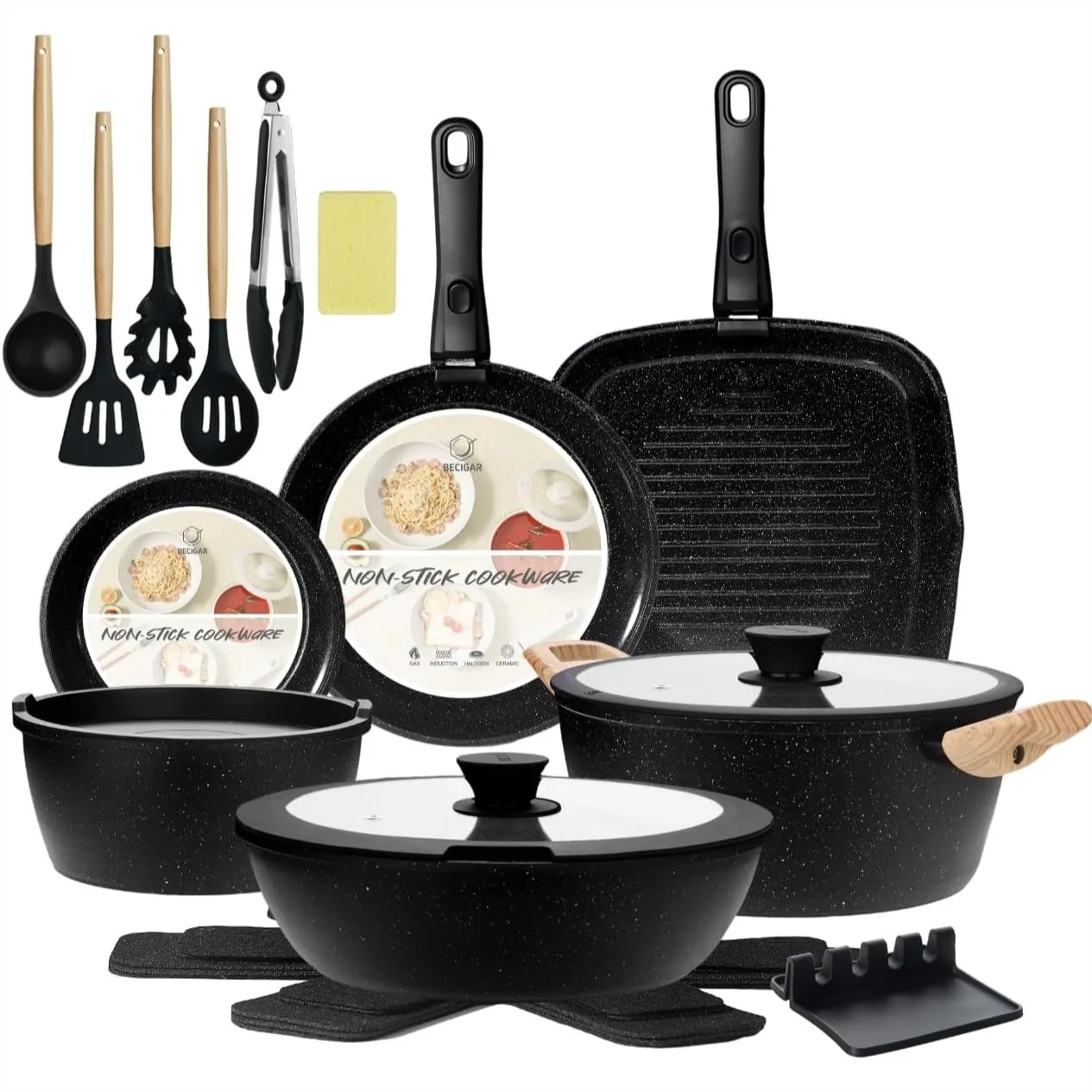 

23pcs Ceramic Pots and Pans Set, Nonstick Detachable Handle Cookware, Induction Kitchen Cooking Set with Removable Handle