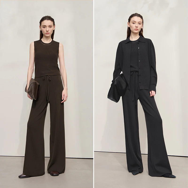 Amii calças casuais femininas 2025 outono nova gola virada para baixo versátil cardigan de malha cor sólida manga longa topos 12543089