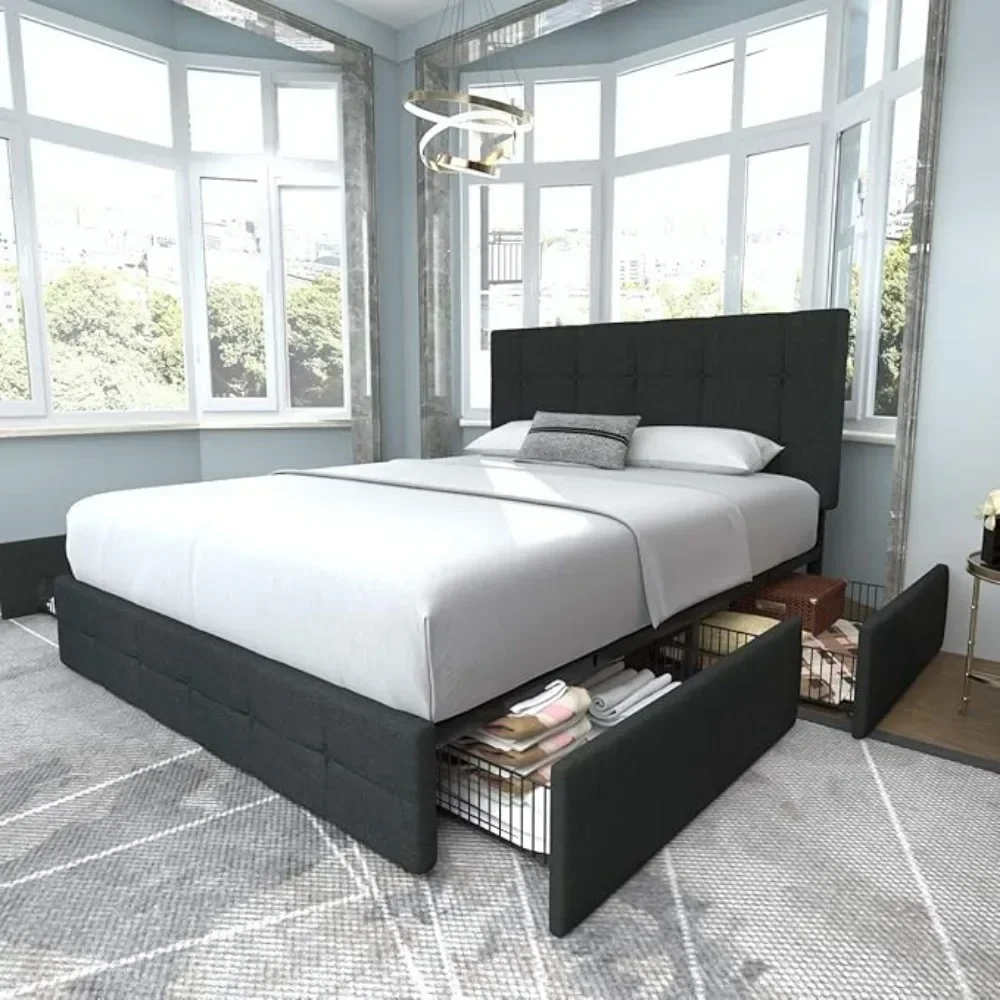 Upholstered Full Size Platform Bed Frame with 4 Storage Drawers and Headboard, Square Stitched Button Tufted Bed Bases