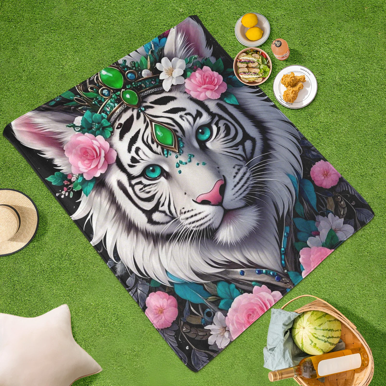 Tiger Rose Crown Anthropomorphic Outdoor Blanket For Majestic Elegance And Royal Charm In Nature Inspired Design