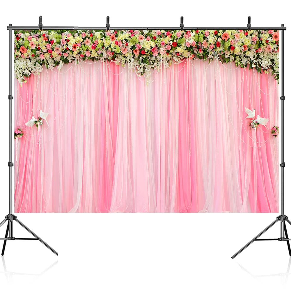 Bonvvie Photo Backdrop Pink Flowers Green Leaf Arrangement Wedding Party Decor Photocall Background Props for Studio Photography