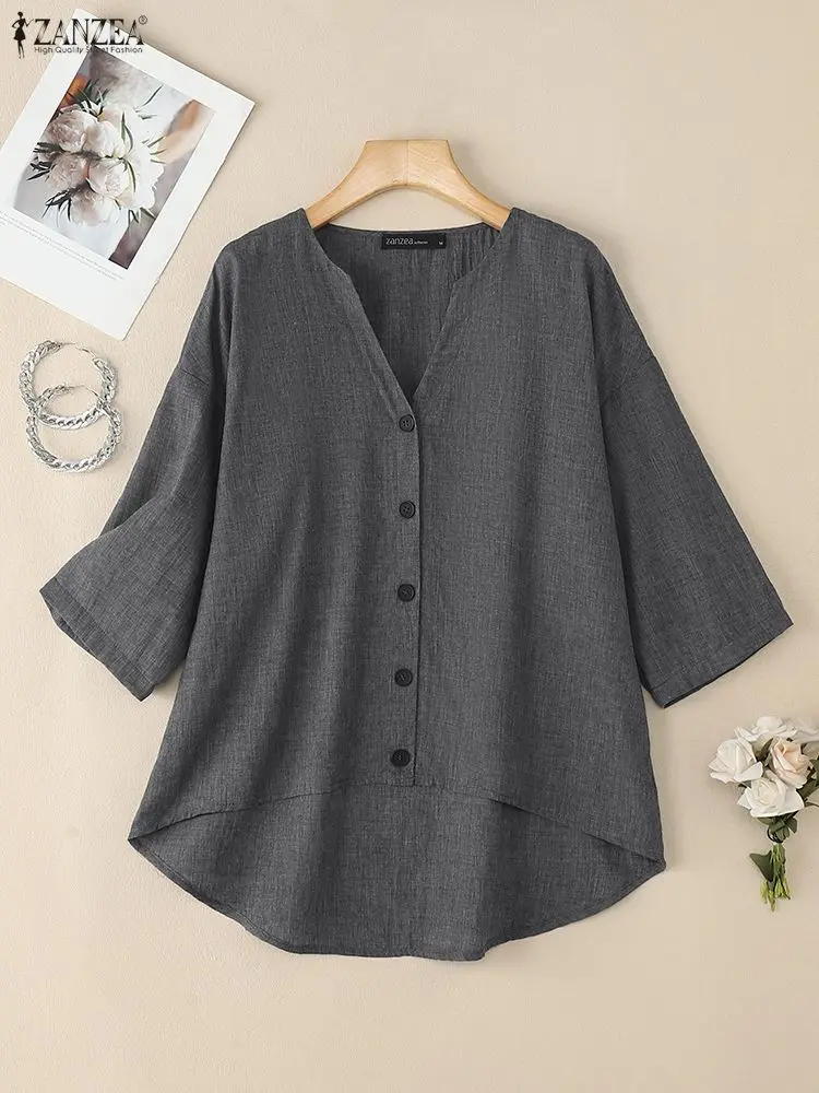 2025 ZANZEA Autumn V Neck Shirt Women Loose Blouses Casual 3/4 Sleeve Button Tops High Low Blusas Female OL Work Blouse Oversize