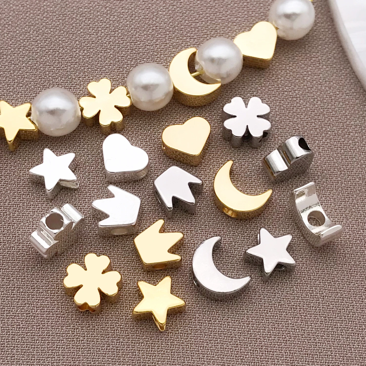 Different Styles of 10pcs 18K Copper Plated Real Golden Thick Silvery White Golden Spacer Beads, DIY Jewelry Making Accessories