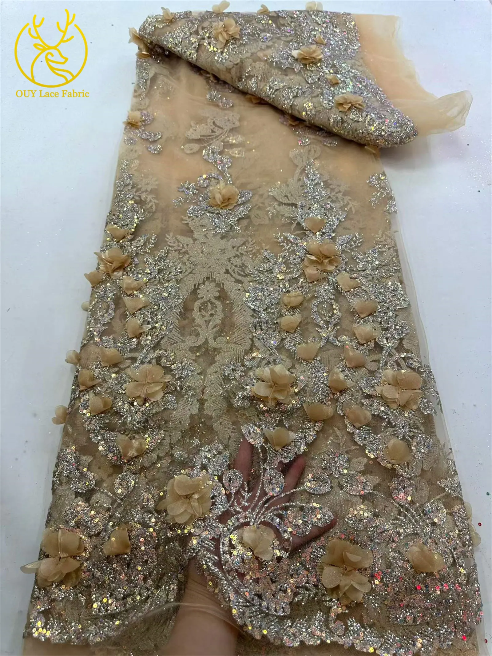 Neuer Stil Afrikanischer 3D-Applikations-Spitzenstoff 2026 Nigerianischer Glitzer-Pailletten-Spitzenstoff für Abschlussball- und Hochzeitskleider zum Nähen, 5 Yards – Detail 18