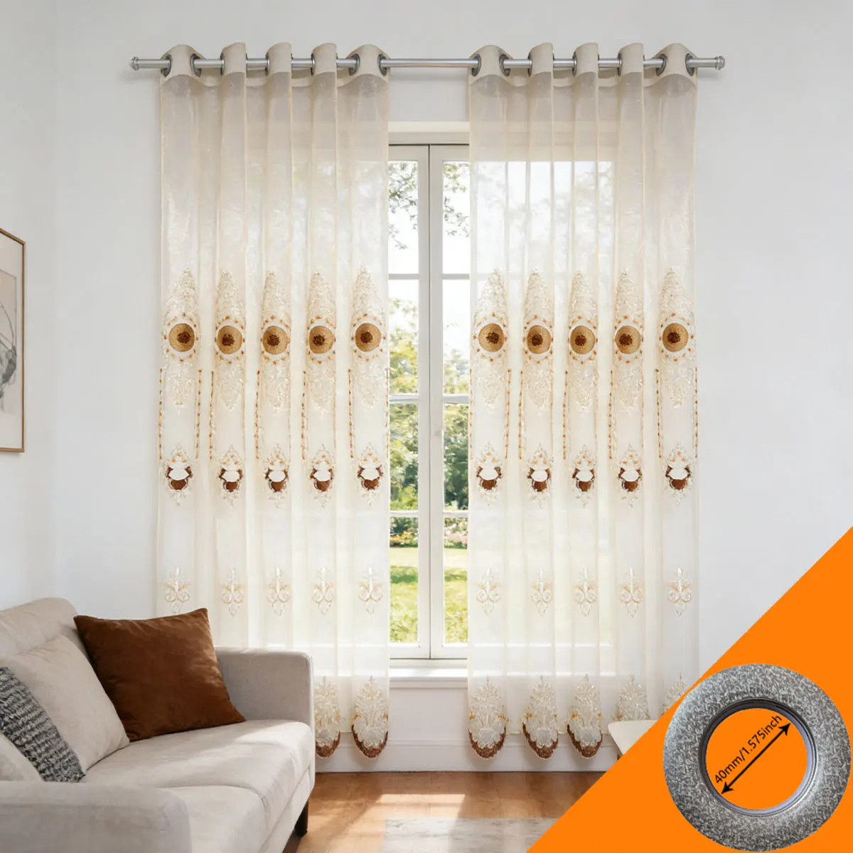 2pcs Luxury Champagne Gold Embroidered Sheer Curtains, Transparent Voile Drapes for Living Room & Bedroom