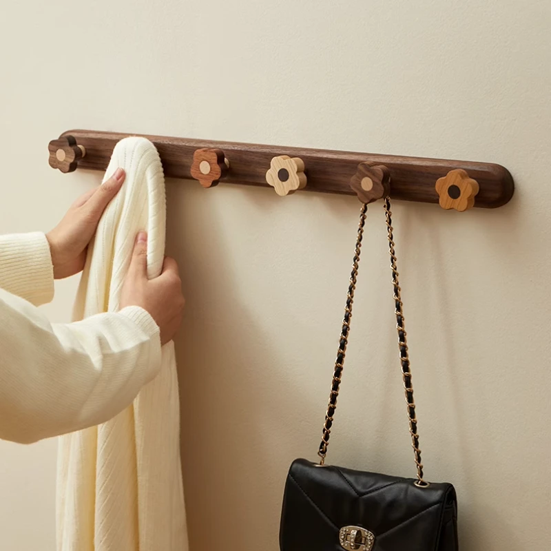 Premium Solid Wood Entrance Wall Mounted Hooks Coat Rack with Creative Flower Design for Living Room