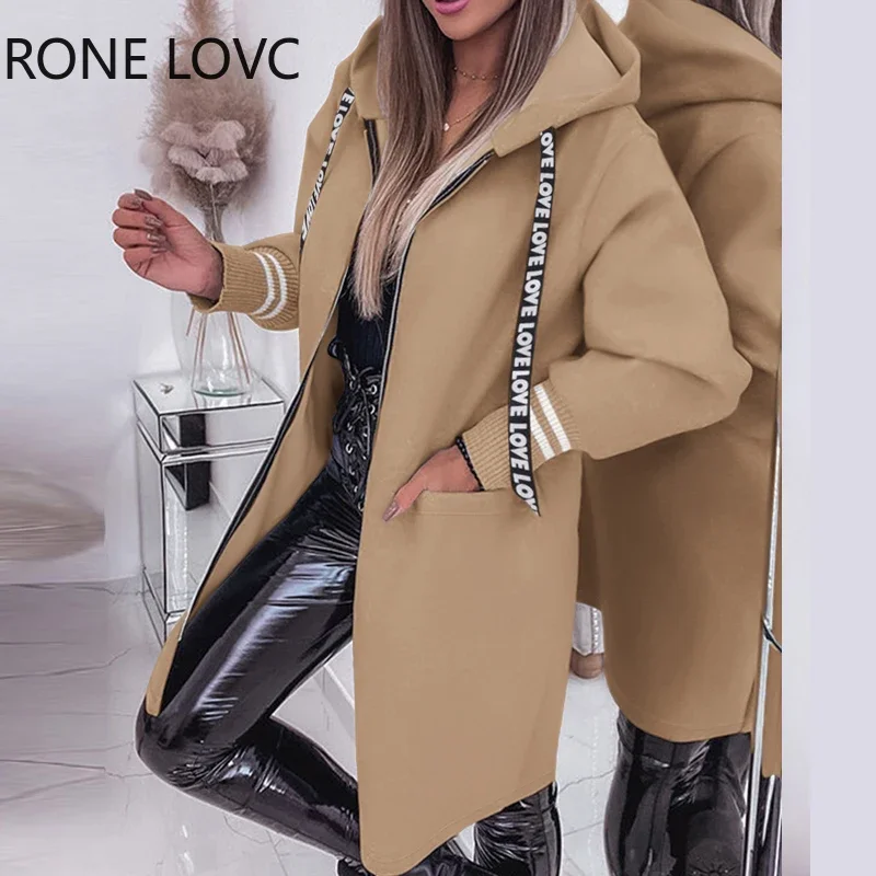Women Hooded Letter Pattern Tape Pocket Long Sleeves Long Straight Casual Autumn Jacket Tops