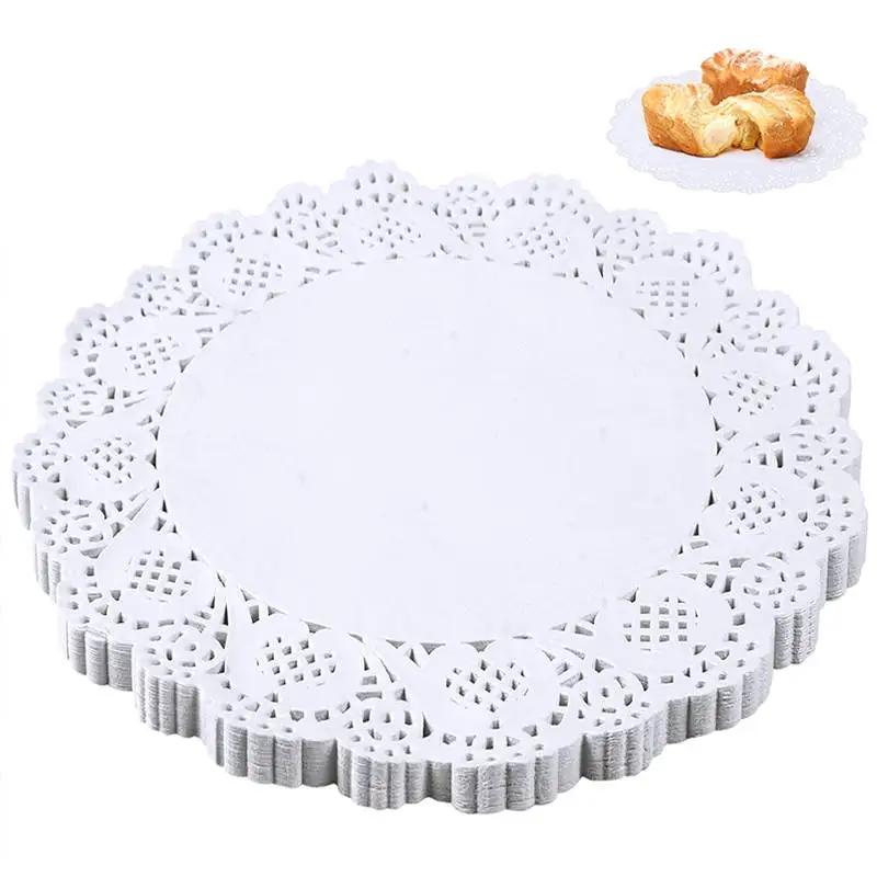 100Pcs White Hollow Out Placemat Round Cup Coaster Lace Cake Wrapper Paper For Wedding Party Table Decoration Kitchen Supplies