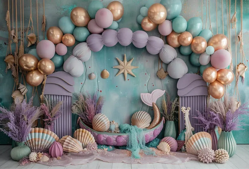 Mehofond-Fondo de fotografía con arco de sirena, globos, conchas, pastel de fiesta de cumpleaños para niña, retrato de Smash, decoración, telón de fondo para estudio fotográfico