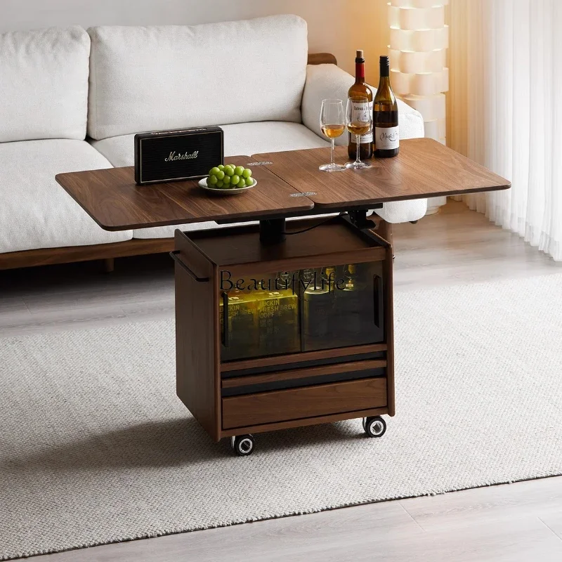 

ls 18Solid wood lifting coffee table one body black walnut living room mobile dining table dual-purpose