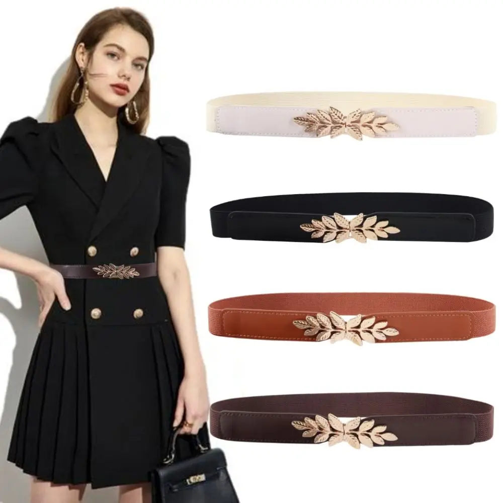 PU Leather Leaf Waistband Strap Elastic Cummerbunds Leaves Thin Belt Metal Buckle Stretchy Shiny Skinny For Women Lady Fashion