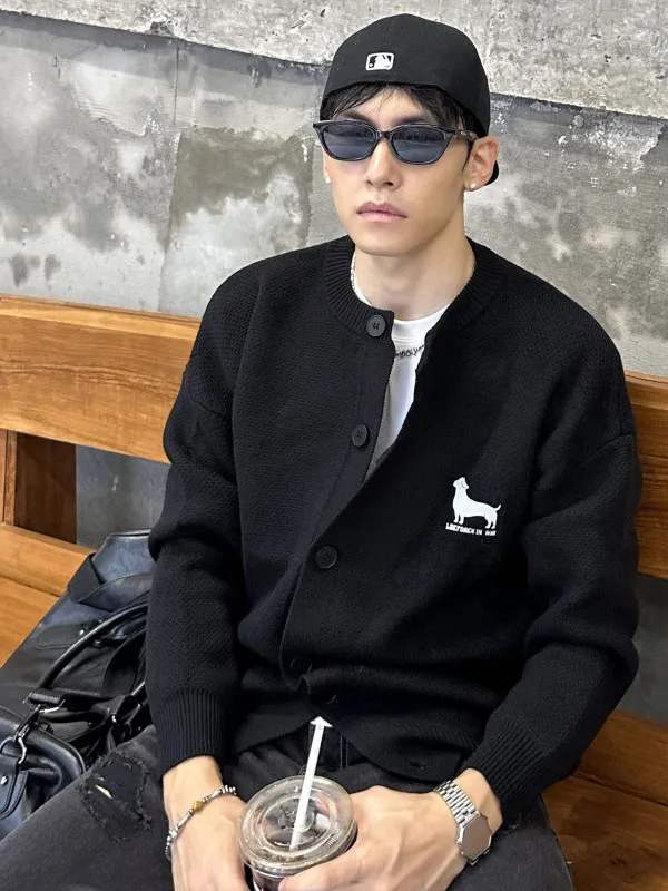 

Американский Sle Dog Plu круглый открытый кардиган, свитер, мужской свободный крой, осенне-весенний вязаный свитер на пуговицах для пары, повседневный Ja...