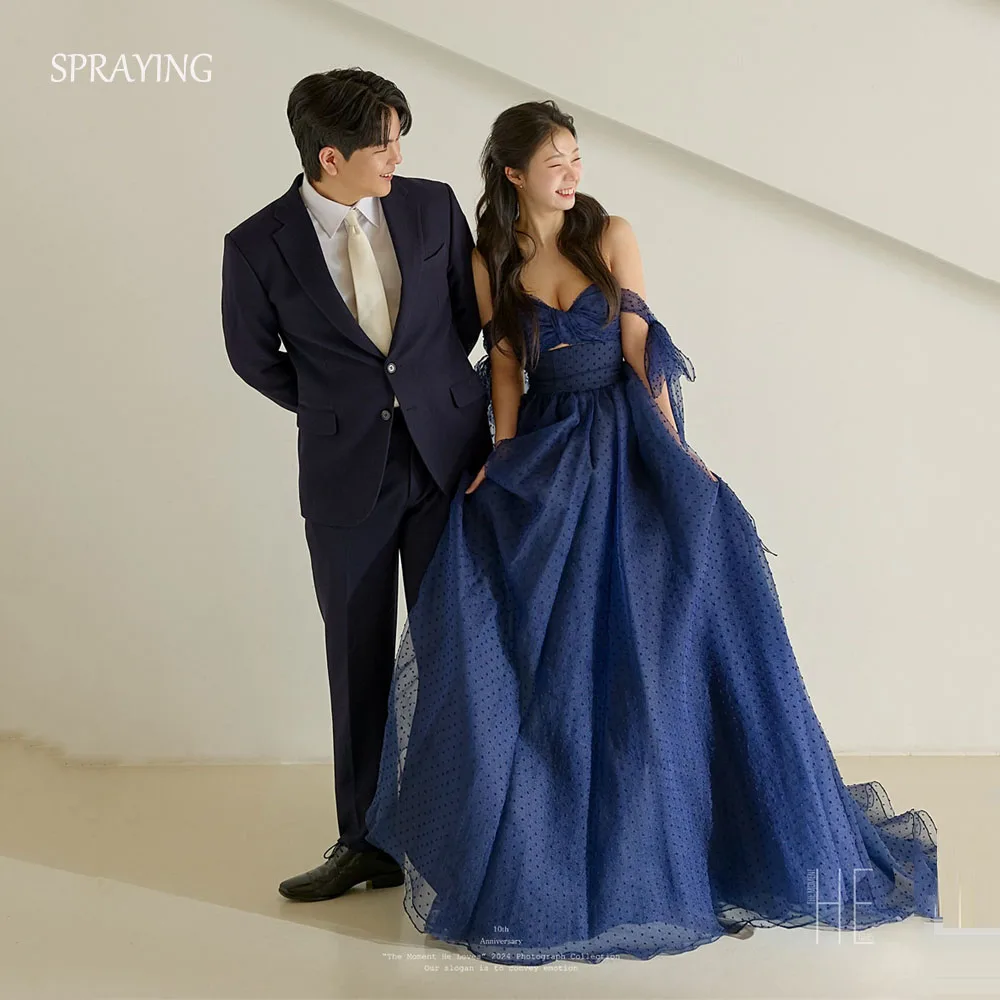 

SPRAYING Navy Blue Dots Tulle Evening Dresses Korea Wedding Photo Shoot Sweetheart A line Long Party Dress Corset Customized