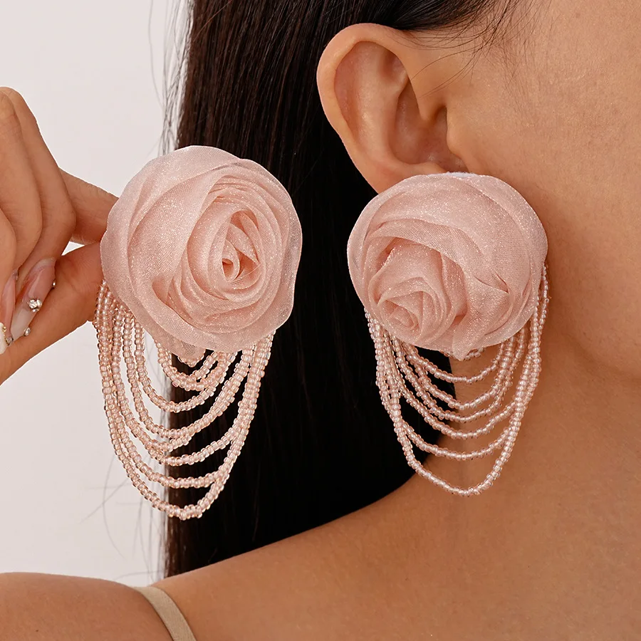 Holiday style woven lace flower rice beads fringed silver needle stud earrings spring and summer sweet temperament elegant high-
