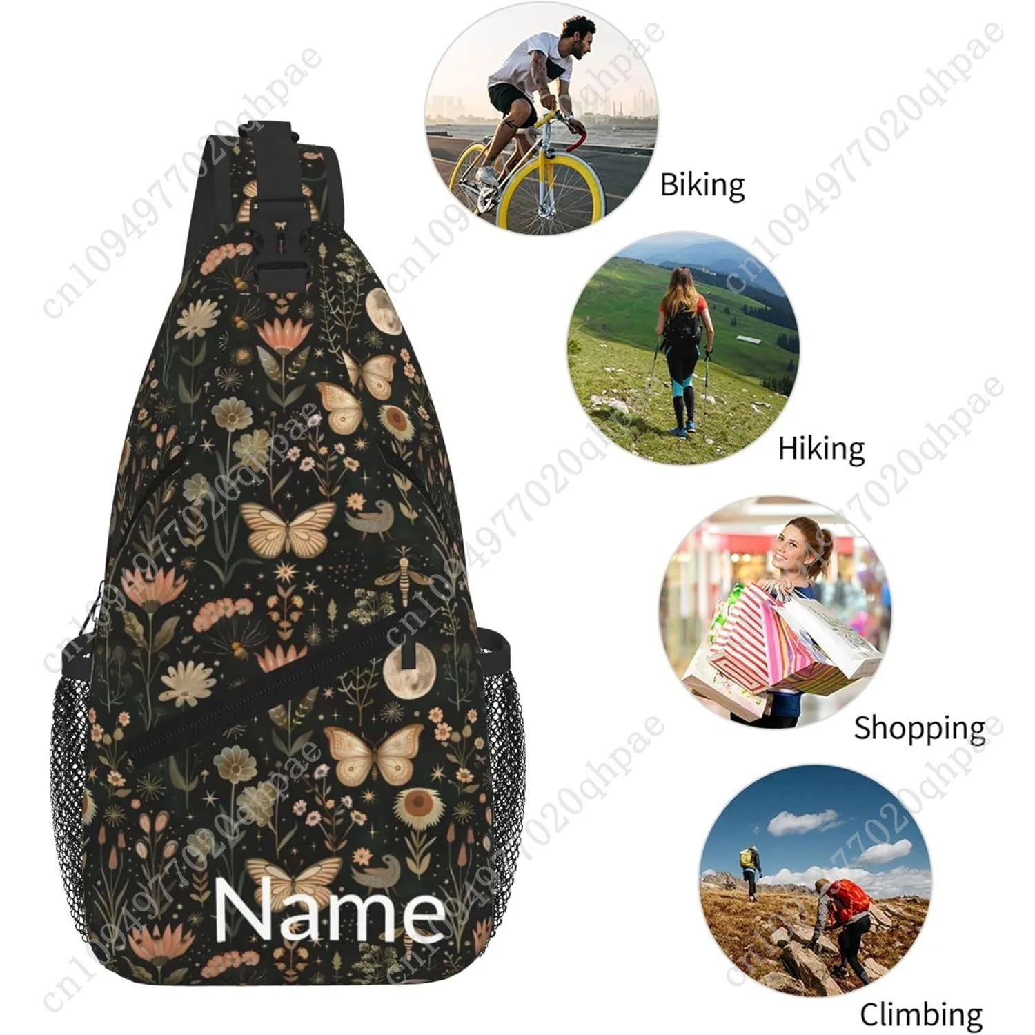 SUPLUCHOM Custom Sling Bag With Name Vintage Butterfly Moon Flower Personalized Hiking Daypack Customized Crossbody Shoulder Bac