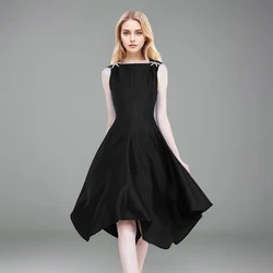 Solid Patchwork Bowknot Casual Dresses For Women Square Collar Sleeveless High Waist Spliced Zipper Minimalist Dress Female