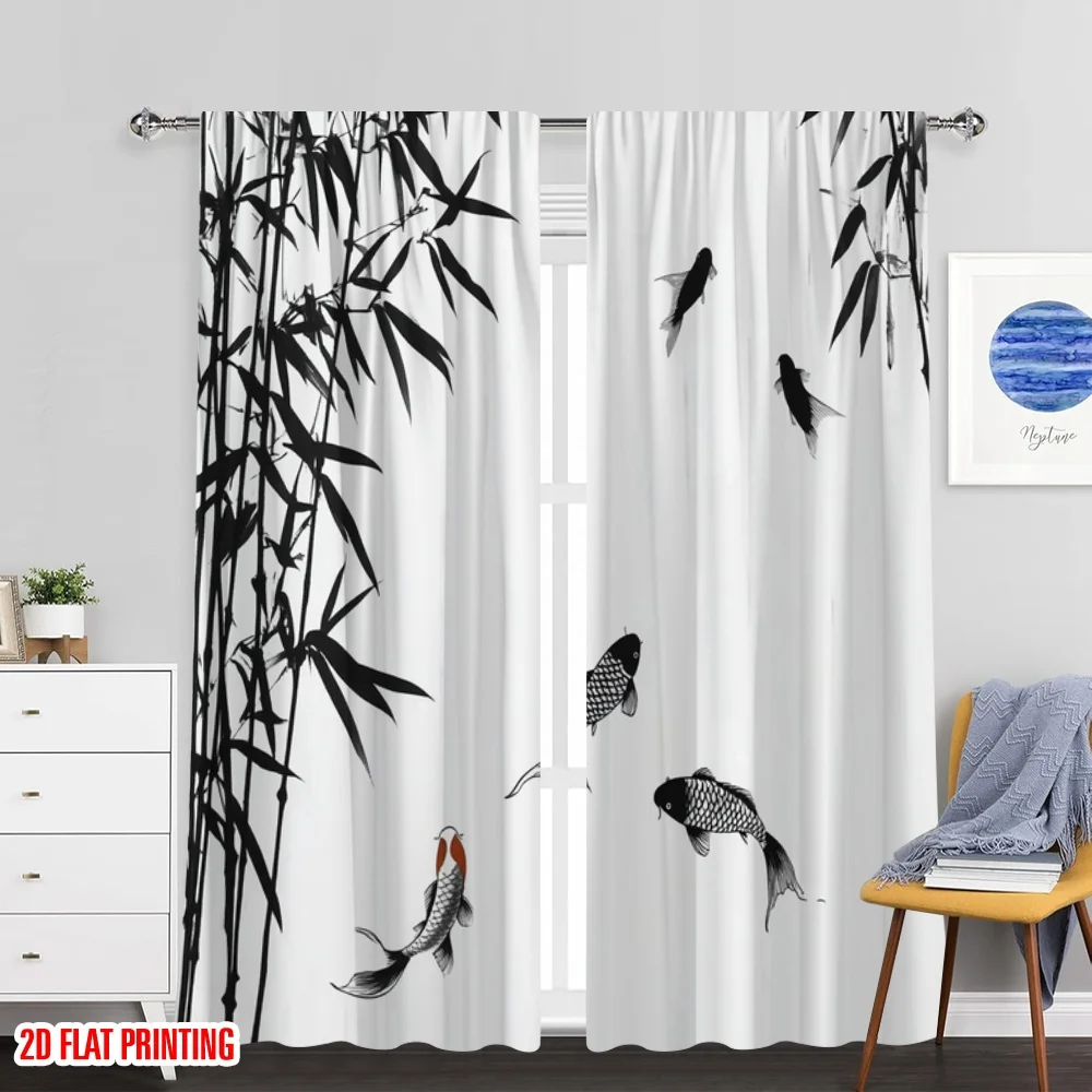2 قطعة ستائر نافذة مطبوعة مسطحة ثنائية الأبعاد من الخيزران وأسماك كوي (2) ستائر بوليستر مطبوعة رقمية للاستخدام في العطلة لغرفة النوم