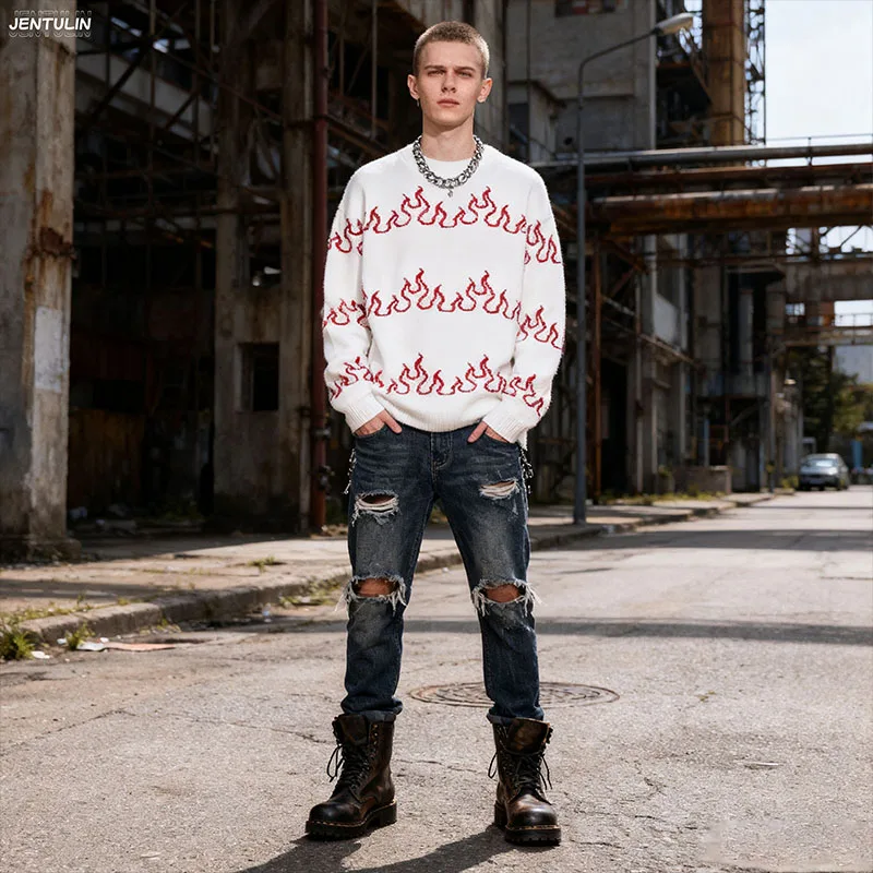 

Эстетический свитер в стиле хип-хоп, вязаная толстовка для молодежи Y2K, мужская одежда, женская одежда, топ, белый теплый топ, мужской свободный удобный