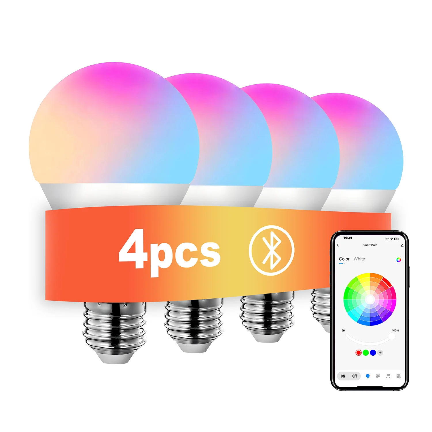 Paquete de 4 Bombillas LED Inteligentes RGBCW, Regulables, Cambio de Color, Sincronización con Música, Control por Aplicación, Iluminación Inteligente para Dormitorio y Sala de Estar