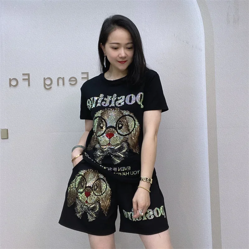 

Two Pieces Sets Women Summer Clothes Cartoon Pattern Glitter Diamonds Kintwear Casual Suit Black Short Set костюм женский летний