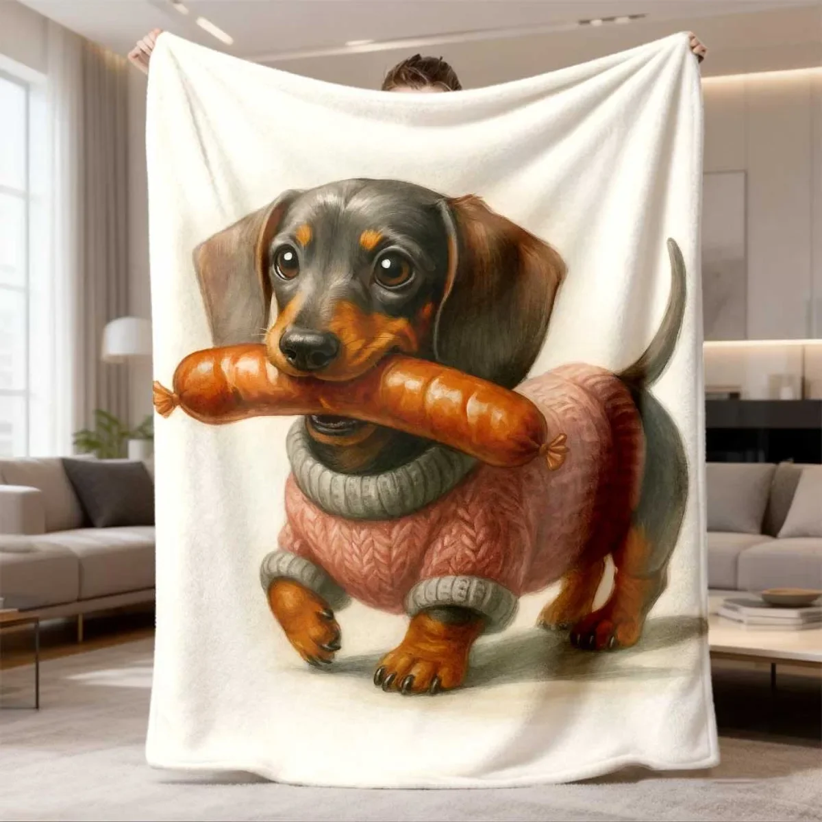 Cute Dachshund Dog With Sausage Flannel Blanket Soft Cozy Throw Blanket Cartoon Pet Print Bed Sofa Cover Home Decor