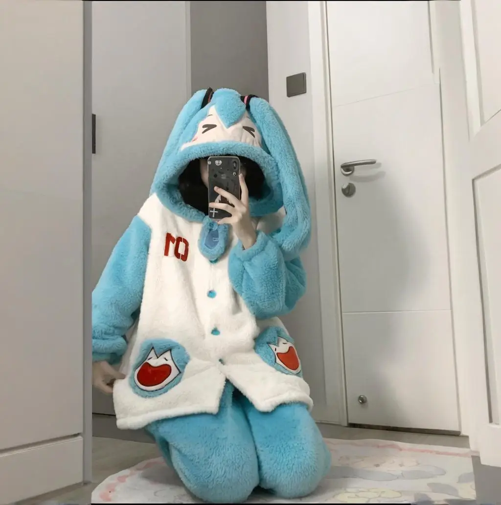 Cute Hatsune Miku Women Hooded Robe Set Winter Loose Comfortable Homewear Winter Warm Plush Pajama Pants Two Piece Birthday Gift