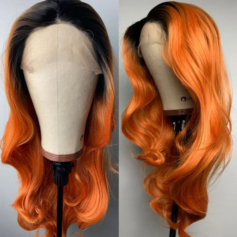 Peluca de pelo ondulado Natural naranja ombré, pelucas frontales de encaje sintético 13x4, pelo de fibra resistente al calor de alta calidad, separación libre para mujeres