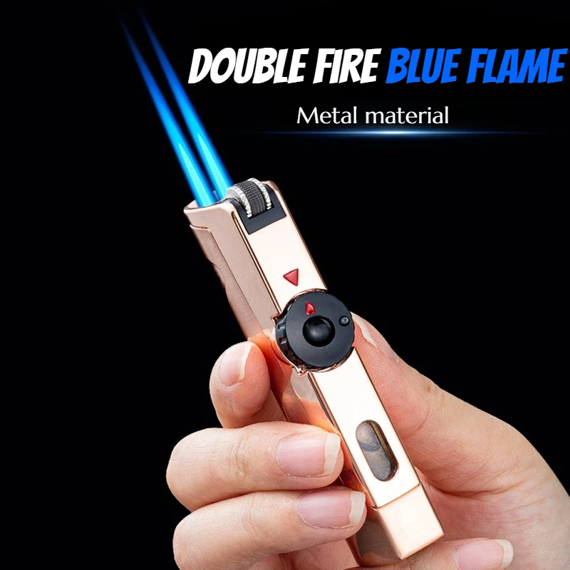 

Newest Metal Double Direct Punch Lighter with Transparent Bin Grinding Wheel Type Blue Flame Cigar Windproof Cigarette Lighter